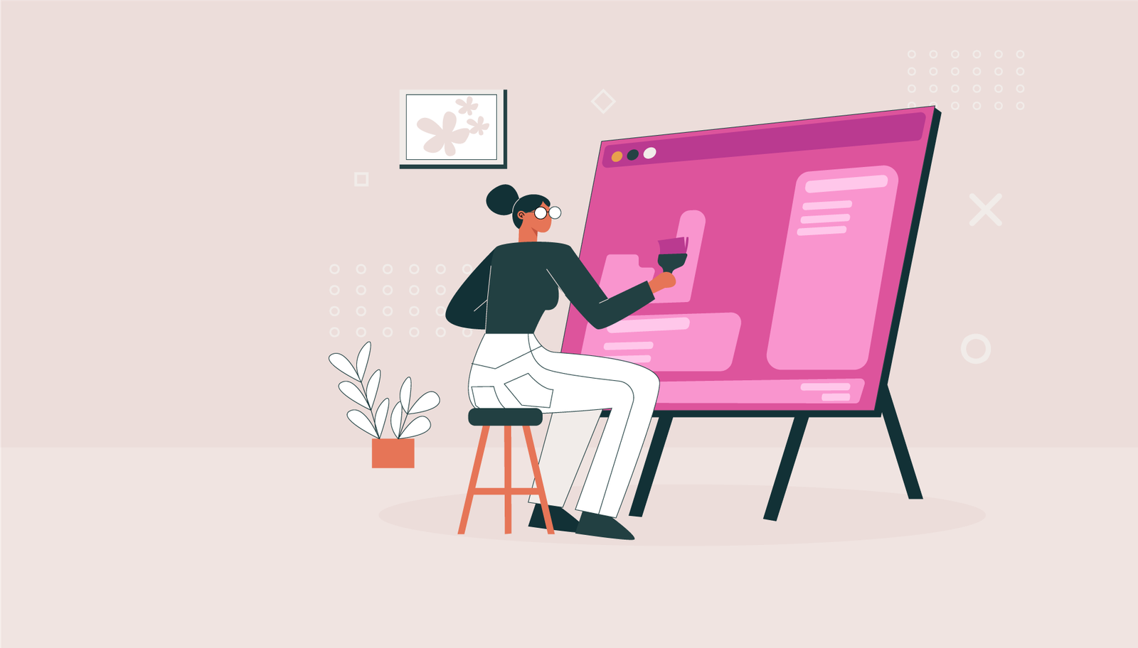 Illustration d'une femme web designer en pleine refonte d'un site web