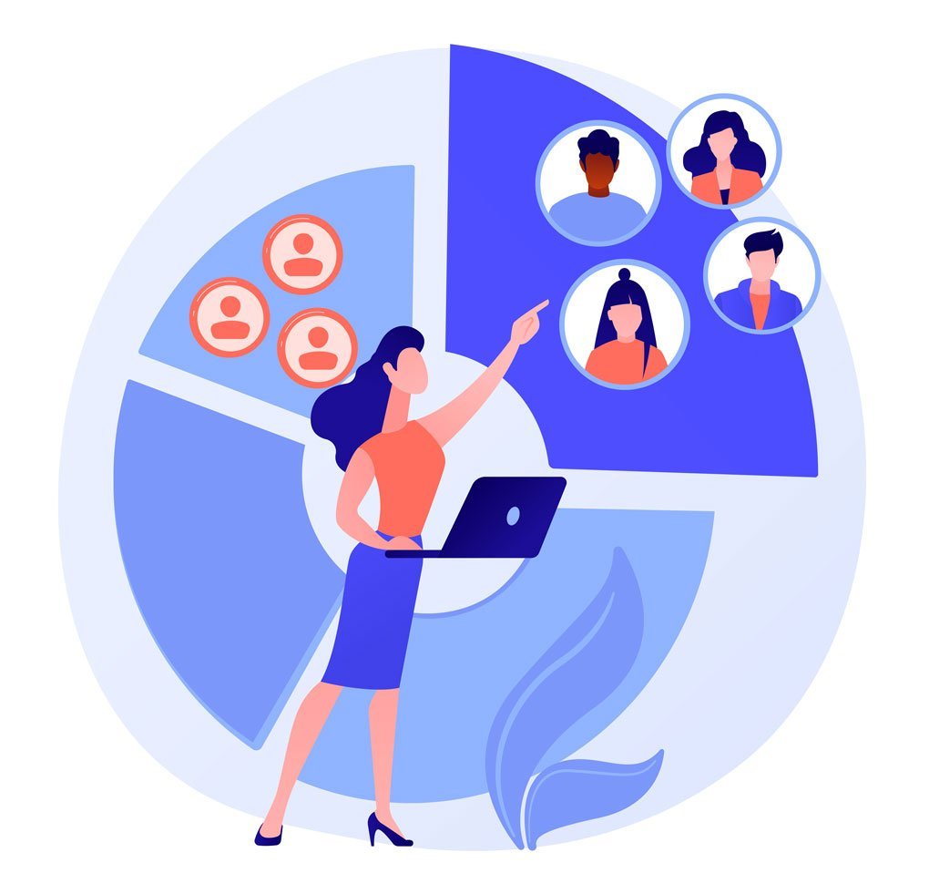 Illustration d'une femme travaillant sur son ordinateur portable, segmentant son public-cible en différents groupes, pour comprendre qui ils sont et leur fournir ce qu'ils souhaitent.