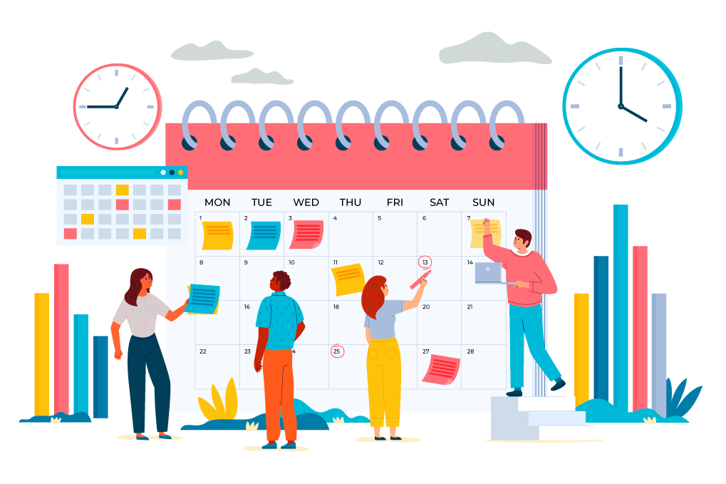 Illustration d'une équipe de web designers élaborant le planning de réalisation d'un site web  