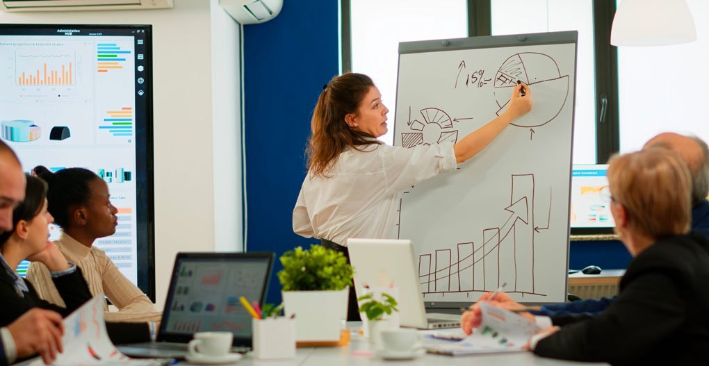 Photo représentant une réunion animée par une agence de webdesign expérimentée, qui permet à ses clients d'accroître leur activité