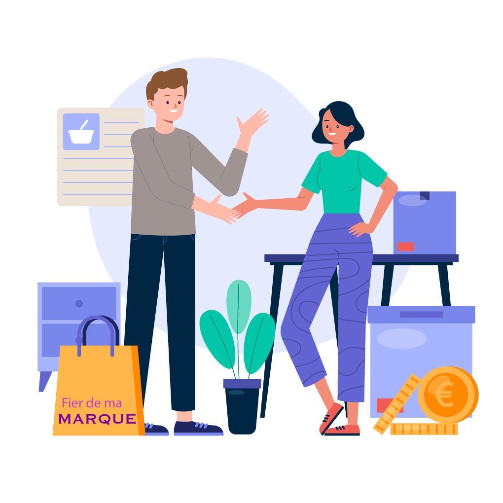 Illustration représentant un vendeur offrant à une cliente un objet publicitaire à l'effigie de sa marque. Ce type d'action permet à l'entreprise de tisser des liens durables avec ses clients, qui seront donc plus enclins à faire appel à ses services à l'avenir. 