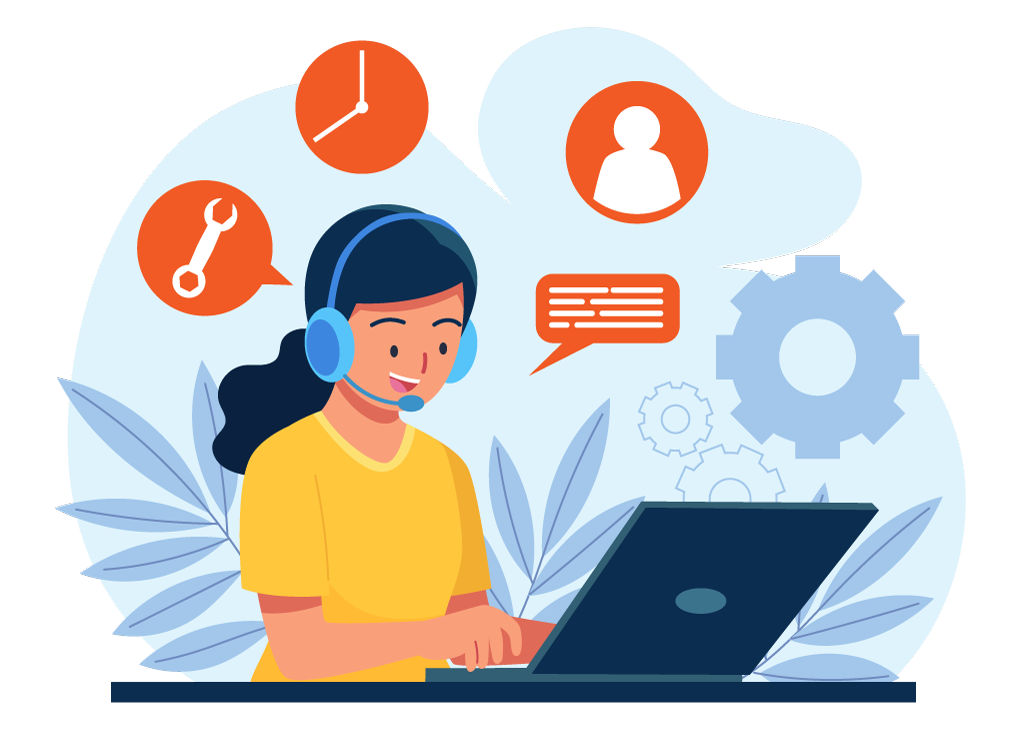 Illustration représentant une opératrice d'assistance apportant son support à une entreprise après la mise en ligne de son nouveau site web