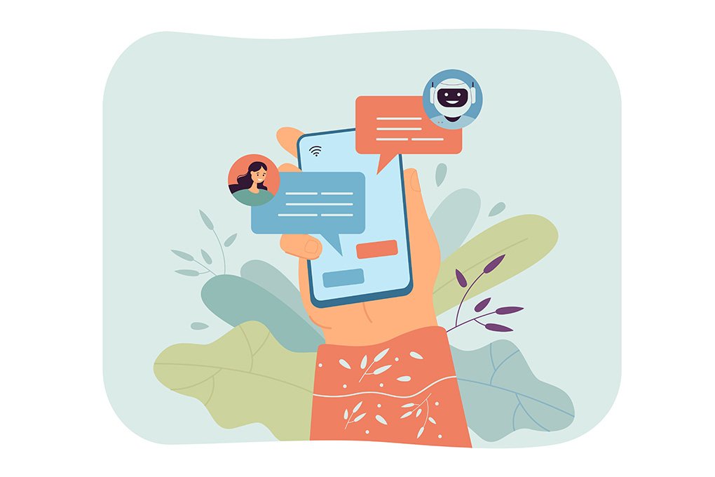 illustration d'une jeune femme communiquant avec un chatbot sur son smartphone pour accéder à ses requêtes
